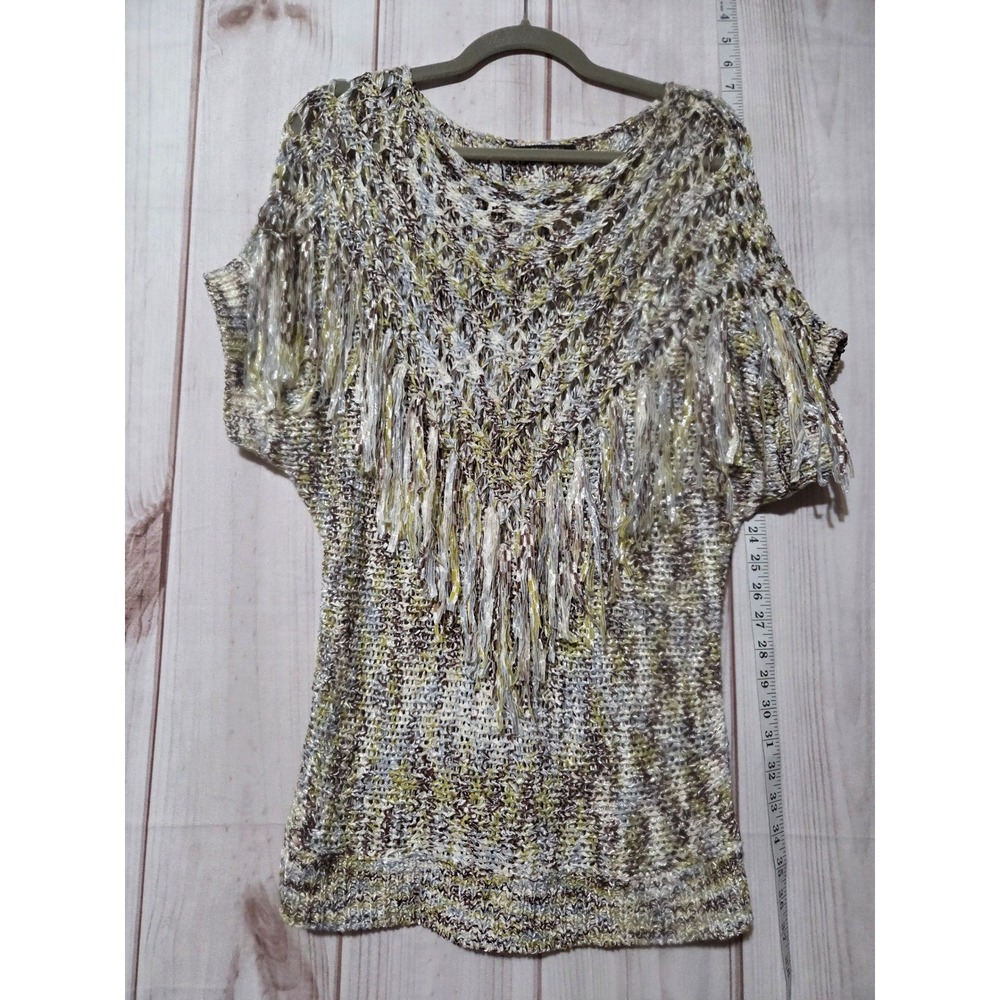 BCBGMAXAZRIA Womens XL Boho Open Knit Fringe Short Sleeve Sweater Top Multi